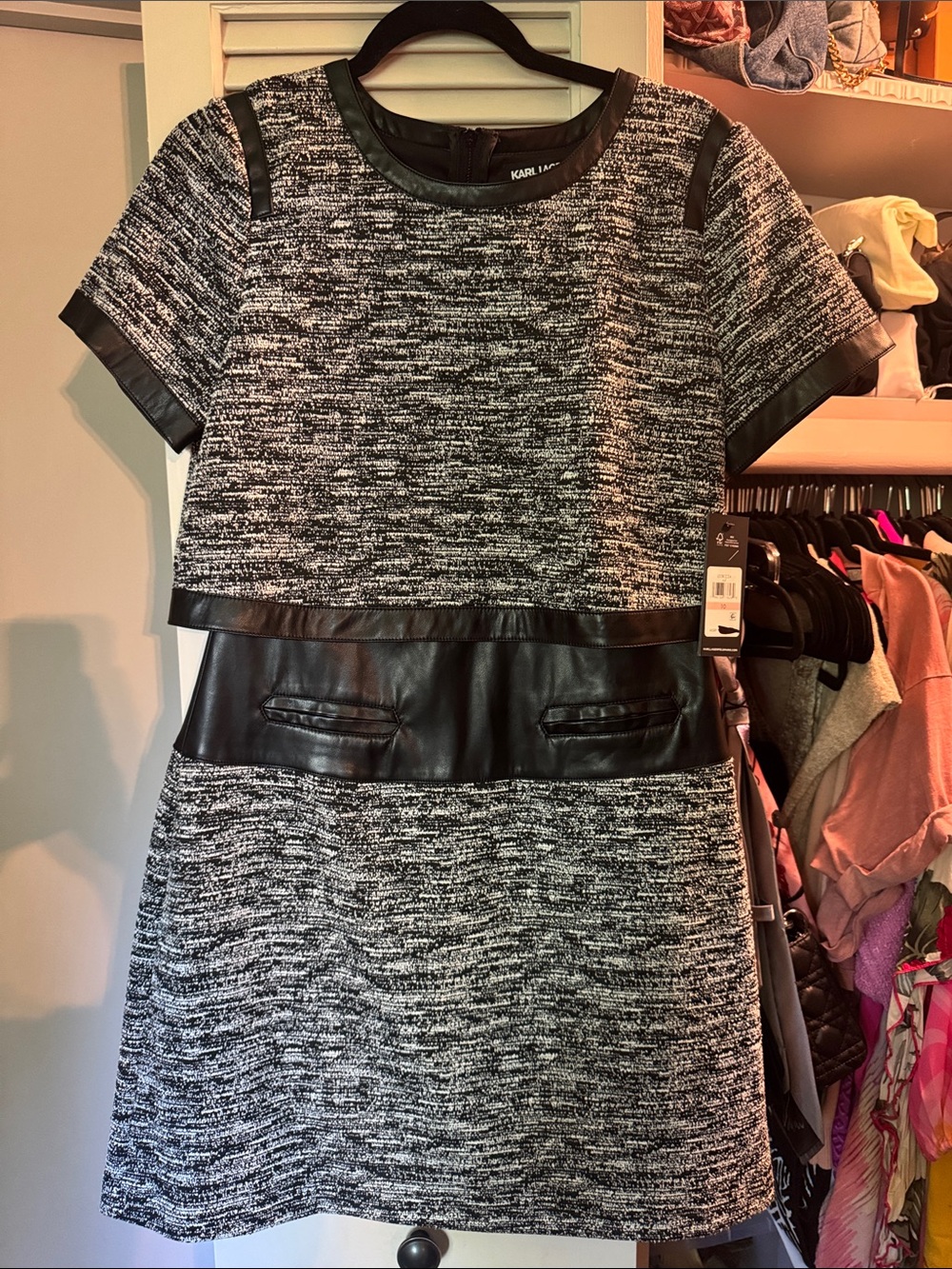 Karl Lagerfield Black & White Tweed Dress with Faux-Leather Trim